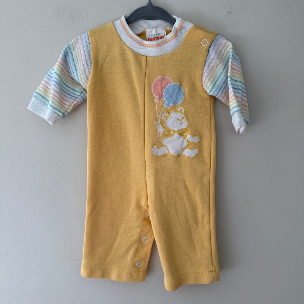 Vintage Health-tex Baby Romper Yellow Teddy Bear Rainbow Stripe 3 Months USA